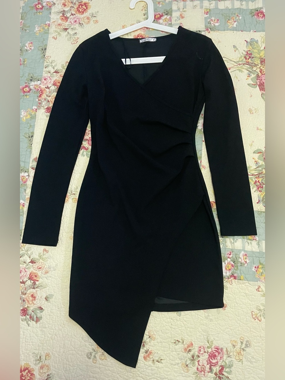 F&F Black Asymmetrical Wrap-Style Long Sleeve Dress